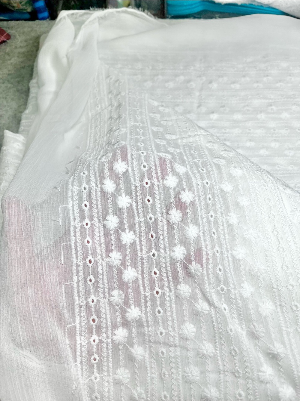 7 yards White eyelet daisy stripe fabric